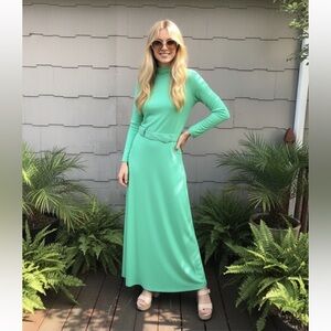 Vtg MCM Ayres Unlimited 70s Mod Belted Dress Long Sleeve High Neck‎ Maxi Sz 8